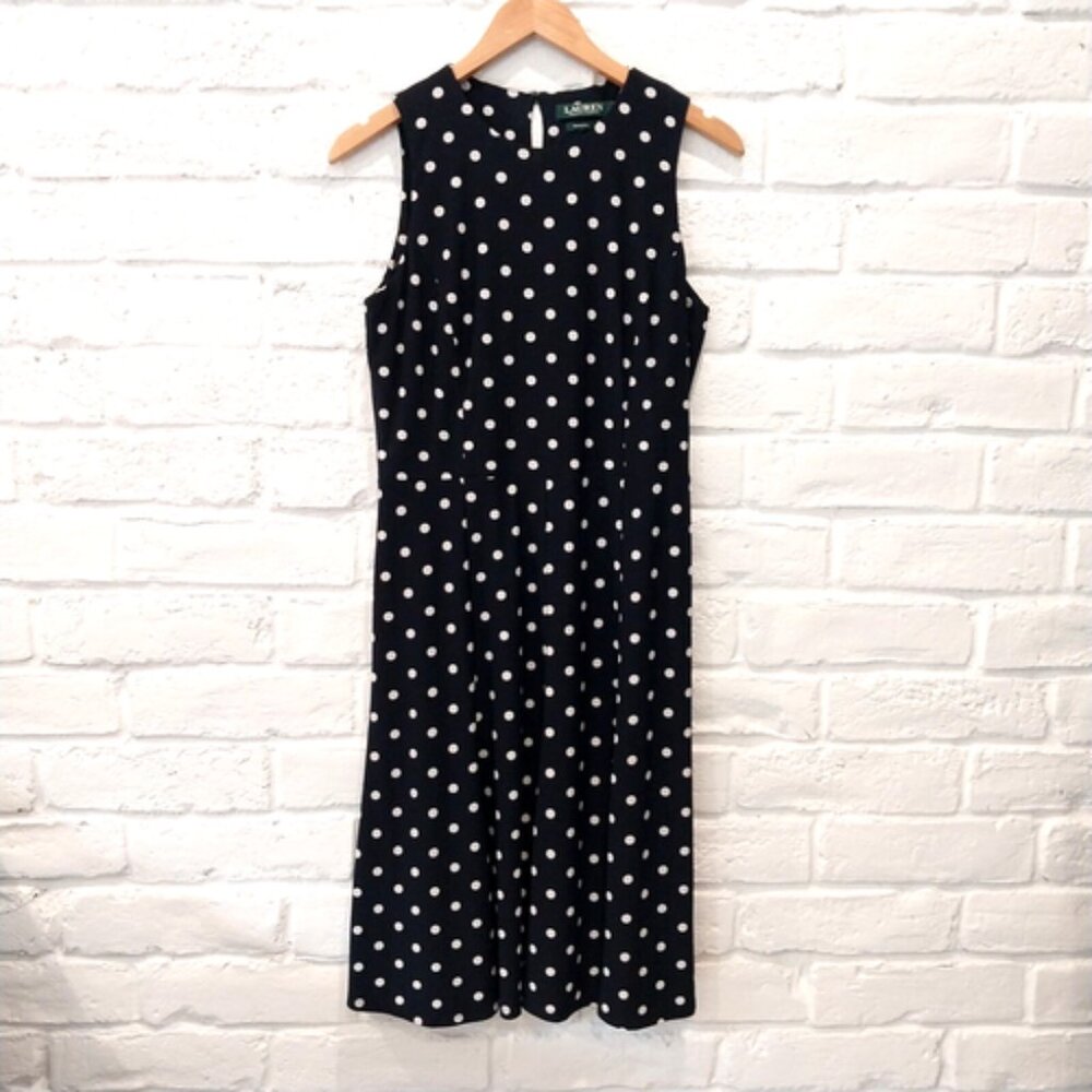 NEW LRL Lauren Ralph Lauren Jersey Black White Polka Dot Shift Aline Midi Dress